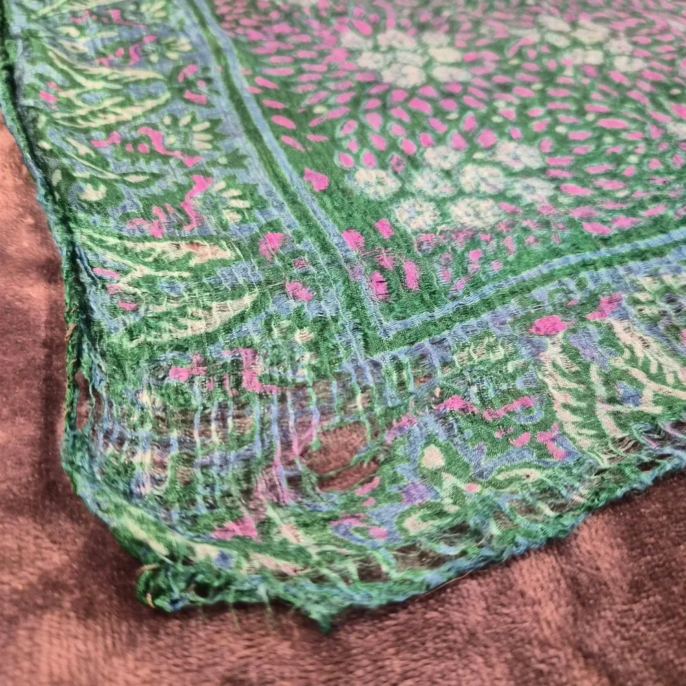 Vintage Silk Square Scarf Green Purple Floral Paisley Block Print 27x27 Thin